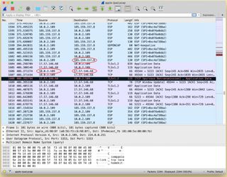 A screen capture of WireShark showing non-VPN traffic with Apple servers from an iPhone using ProtonVPN.