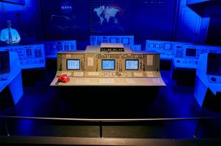 The "Control Room" in the "Space Adventure" exhibition displays restored consoles from NASA's mission control in Houston.