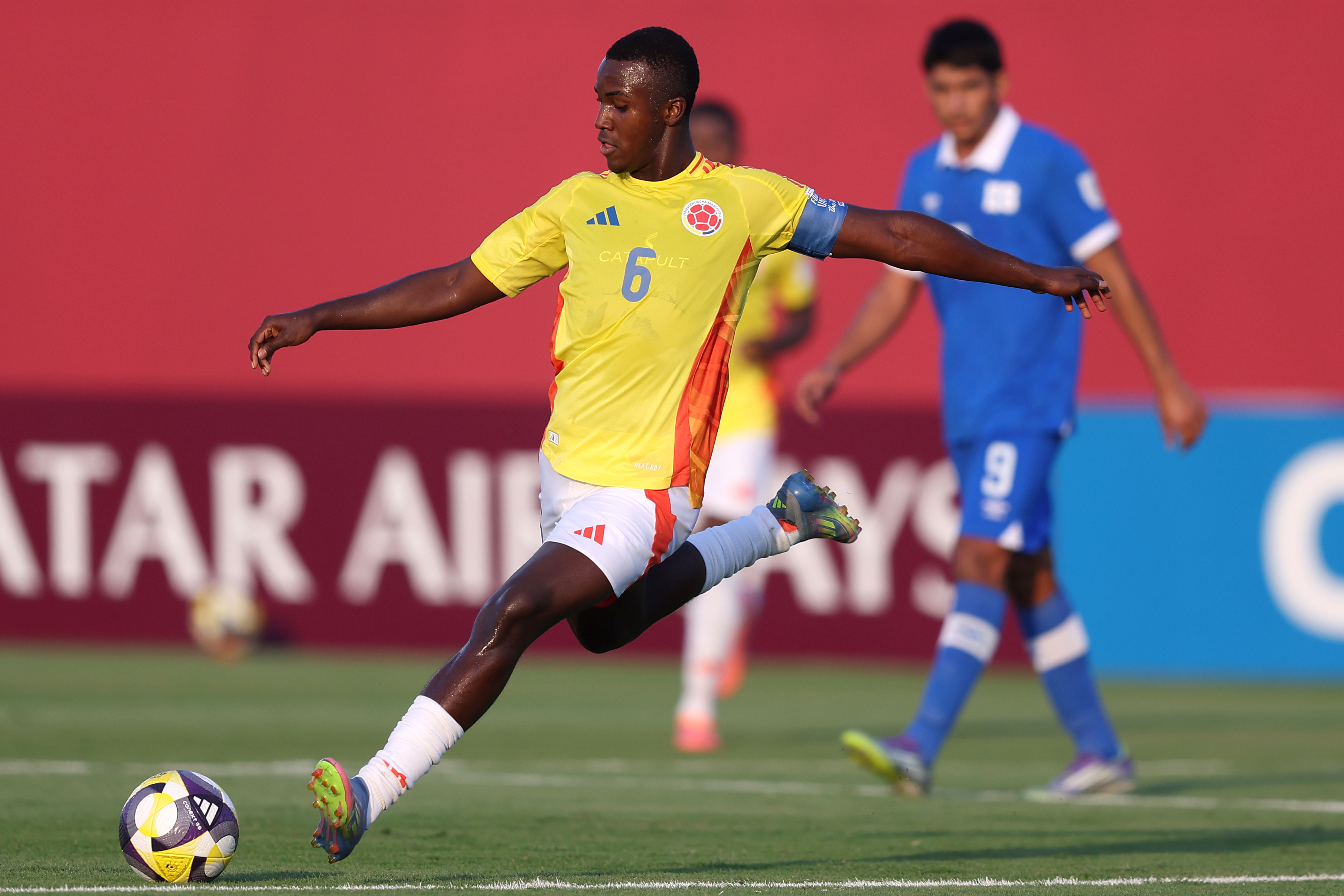 DOHA, QATAR - NOVEMBER 07: Cristian Orozco of Colombia passes the ball during the FIFA Under-17 World Cup match between El Salvador and Colombia at Aspire Academy on November 07, 2025 in Doha, Qatar. (Photo by Mohamed Farag - FIFA/FIFA via Getty Images)
