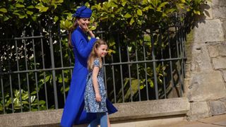 Catherine, Princess of Wales with Princess Charlotte leave after attending the Easter Mattins Service at St George's Chapel at Windsor Castle on April 9, 2023 in Windsor, England