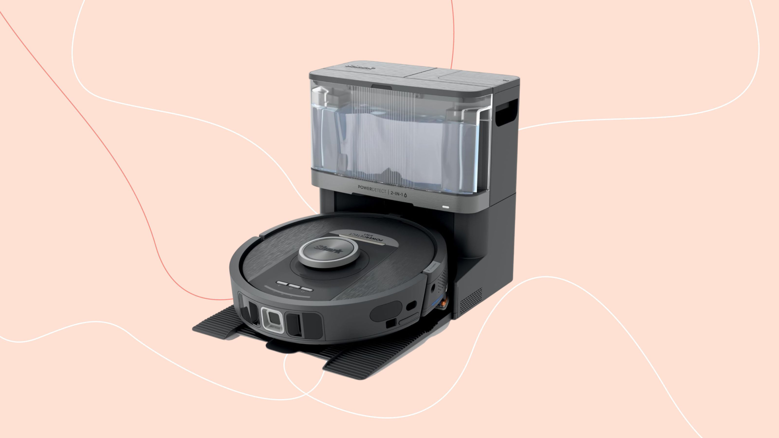 Shark PowerDetect NeverTouch Robot Vacuum and Mop RV2800YEUK on a pink background