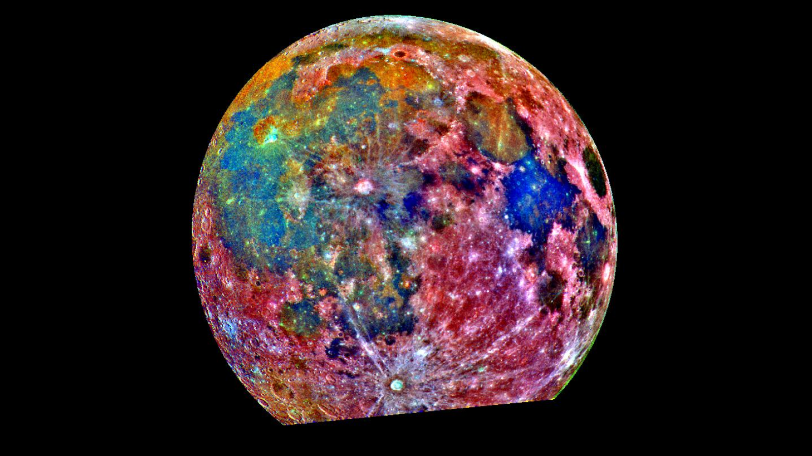 This false-color photograph is a composite of 15 images of the Moon taken through three color filters NASA's Galileo solid-state imaging system during the spacecraft passage through the Earth-Moon system on December 8, 1992.
