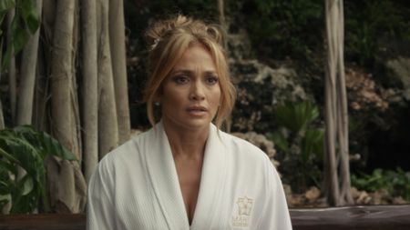 JLo in a robe in Shotgun Wedding.