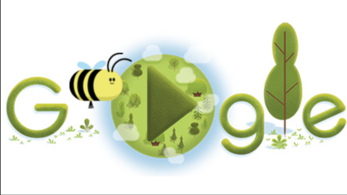 Cartoon bee and foliage making up the word &#039;Google&#039; for Earth Day bee pollinating game