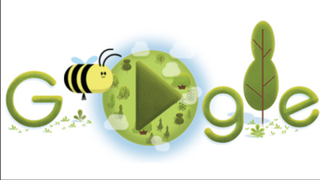 Cartoon bee and foliage making up the word 'Google' for Earth Day bee pollinating game