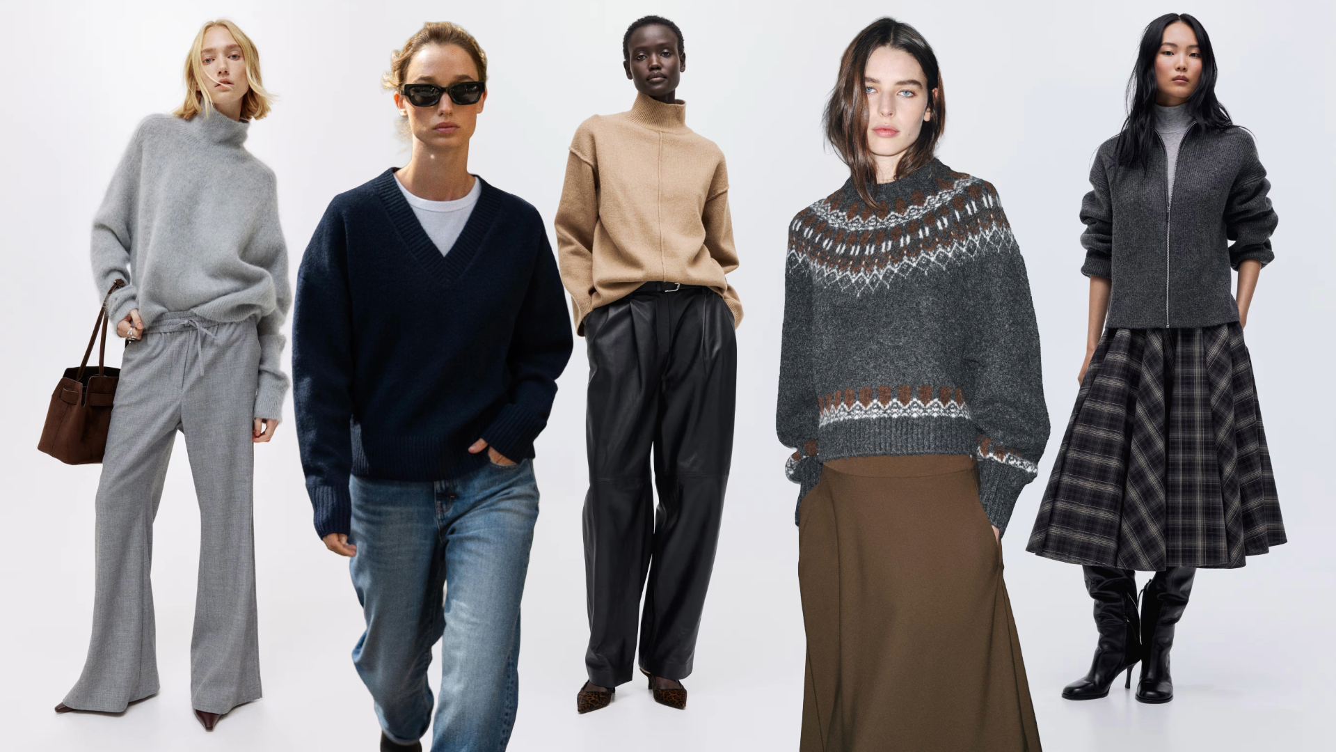 collage of models wearing zara and H&amp;M sweaters on light grey background