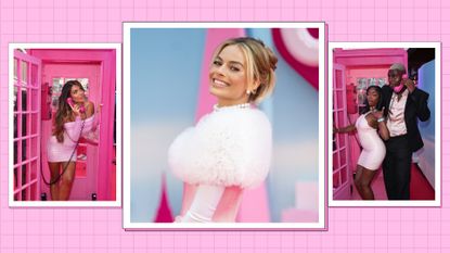 Ekin-Su, Margot Robbie, Indiyah Polack and Dami Hope pictured at the Barbie London Premiere in July 2023/ in a pink template