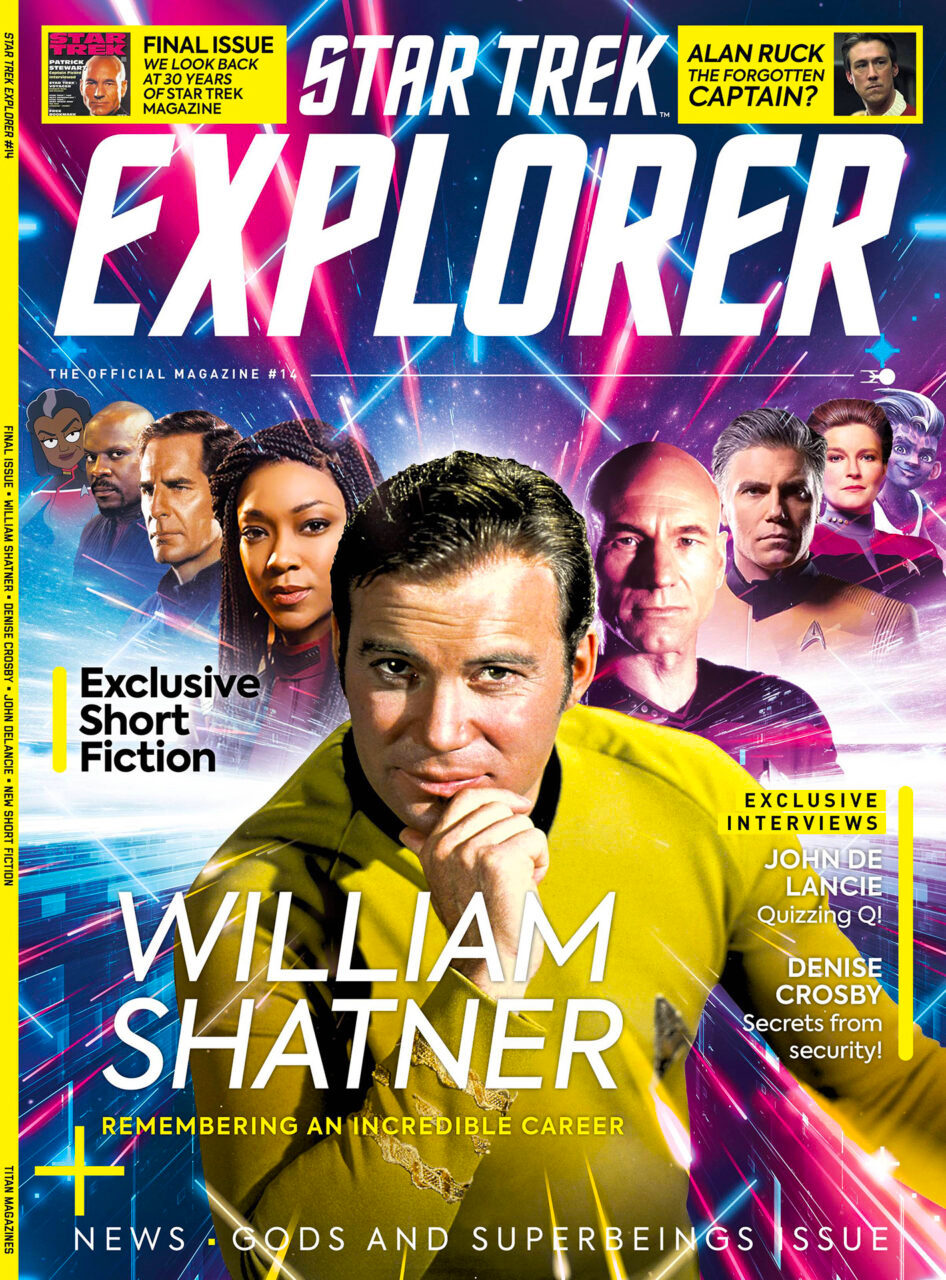 A sci-fi magazine cover spotlighting Star Trek captains