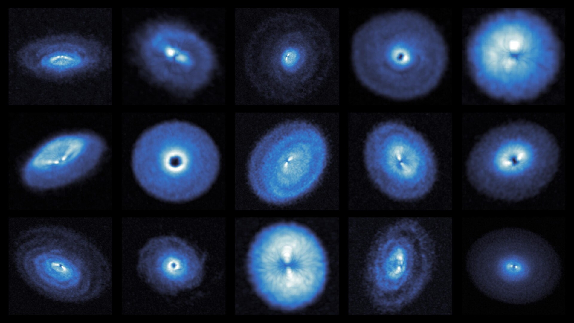 Fifteen blue glowing disks aligned in three rows with five disks each of varying sizes and tilts against a black background