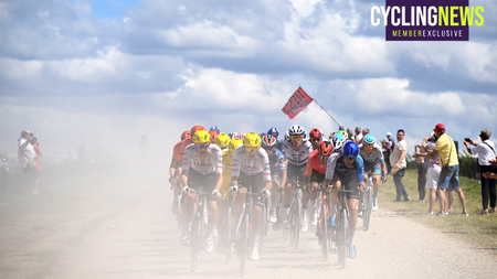 TROYES, FRANCE - JULY 07: (L-R) Tim Wellens of Belgium, Tadej Pogacar of Slovenia - Yellow Leader Jersey, Marc Soler of Spain and UAE Team Emirates, Egan Bernal of Colombia and Team INEOS Grenadiers and Hugo Houle of Canada and Team Israel - Premier Tech compete passing through a gravel strokes sector during the 111th Tour de France 2024, Stage 9 a 199km stage from Troyes to Troyes / #UCIWT / on July 07, 2024 in Troyes, France. (Photo by Bernard Papon - Pool/Getty Images)