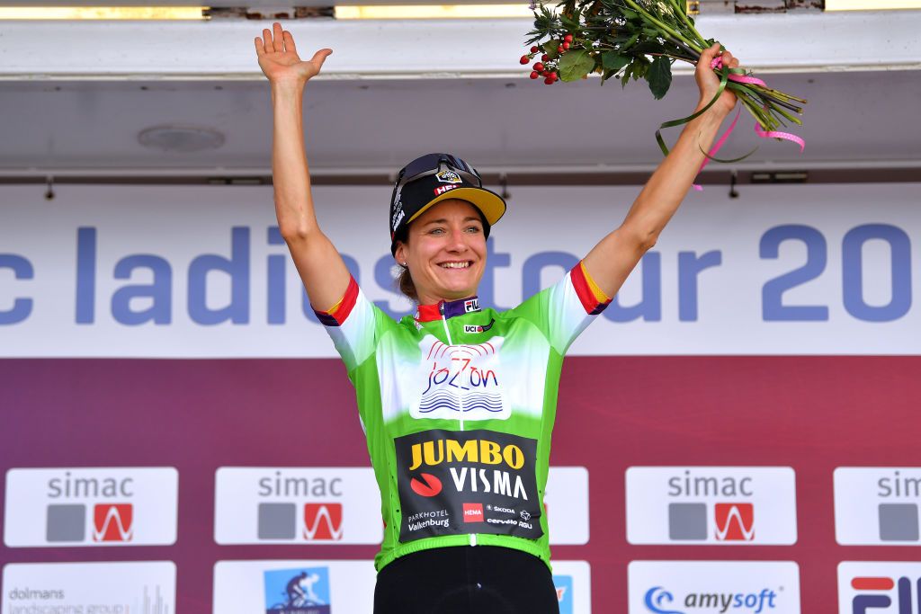 EDE NETHERLANDS AUGUST 24 Marianne Vos of Netherlands and Team Jumbo Visma celebrates winning theGreen Points Jersey on the podium ceremony after the 23rd Simac Ladies Tour 2021 Prologue a 24km Individual Time Trial stage from Ede to Ede SLT2021 SimacDS UCIWWT on August 24 2021 in Ede Netherlands Photo by Luc ClaessenGetty Images
