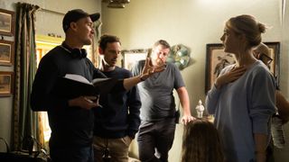 James Watkins directing Mackenzie Davis and Scoot McNairy on the set of Speak No Evil