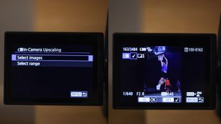 Back of the camera menu process, using In-Camera Upscaling on the Canon EOS R5 Mark II