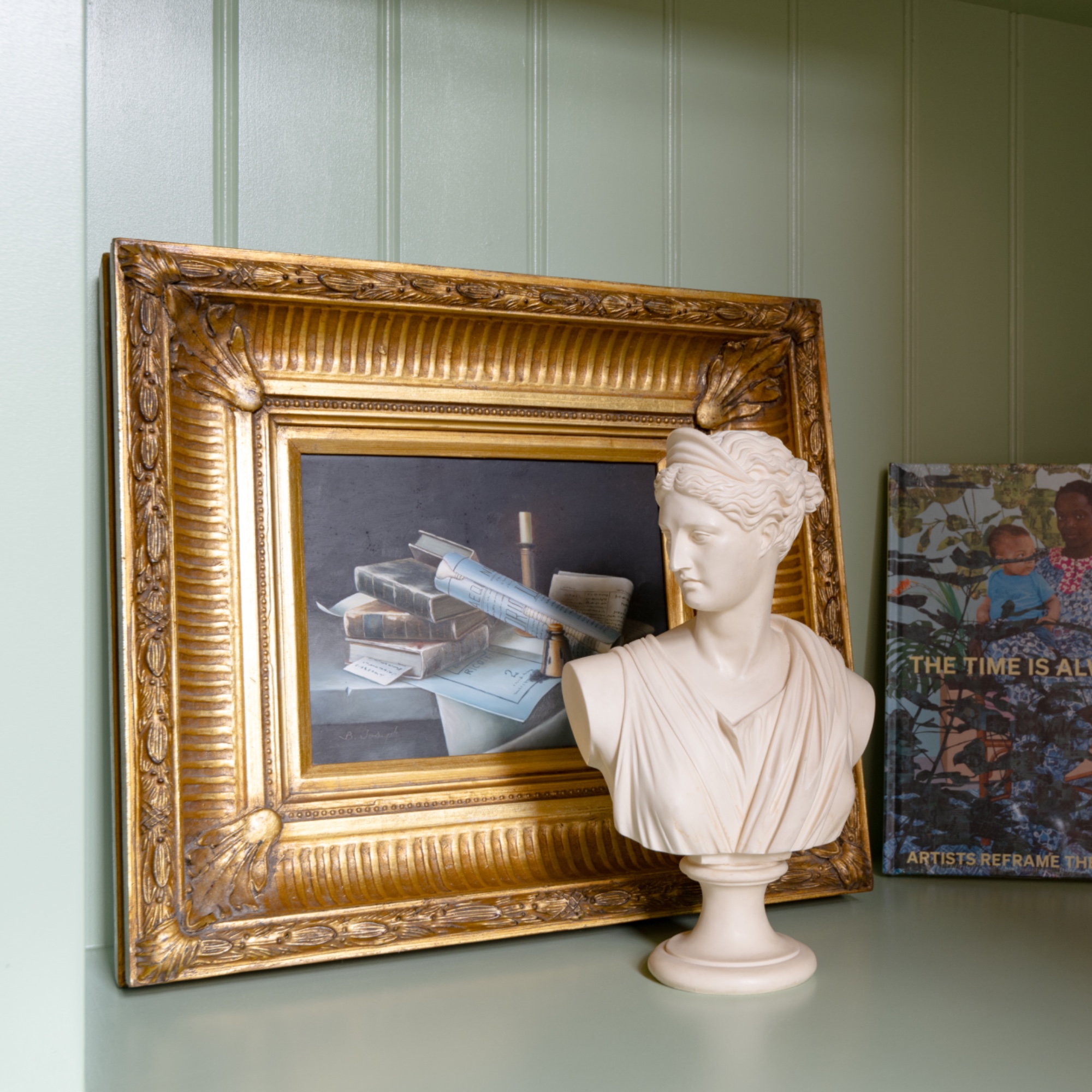 tongue and groove shelving painted in green