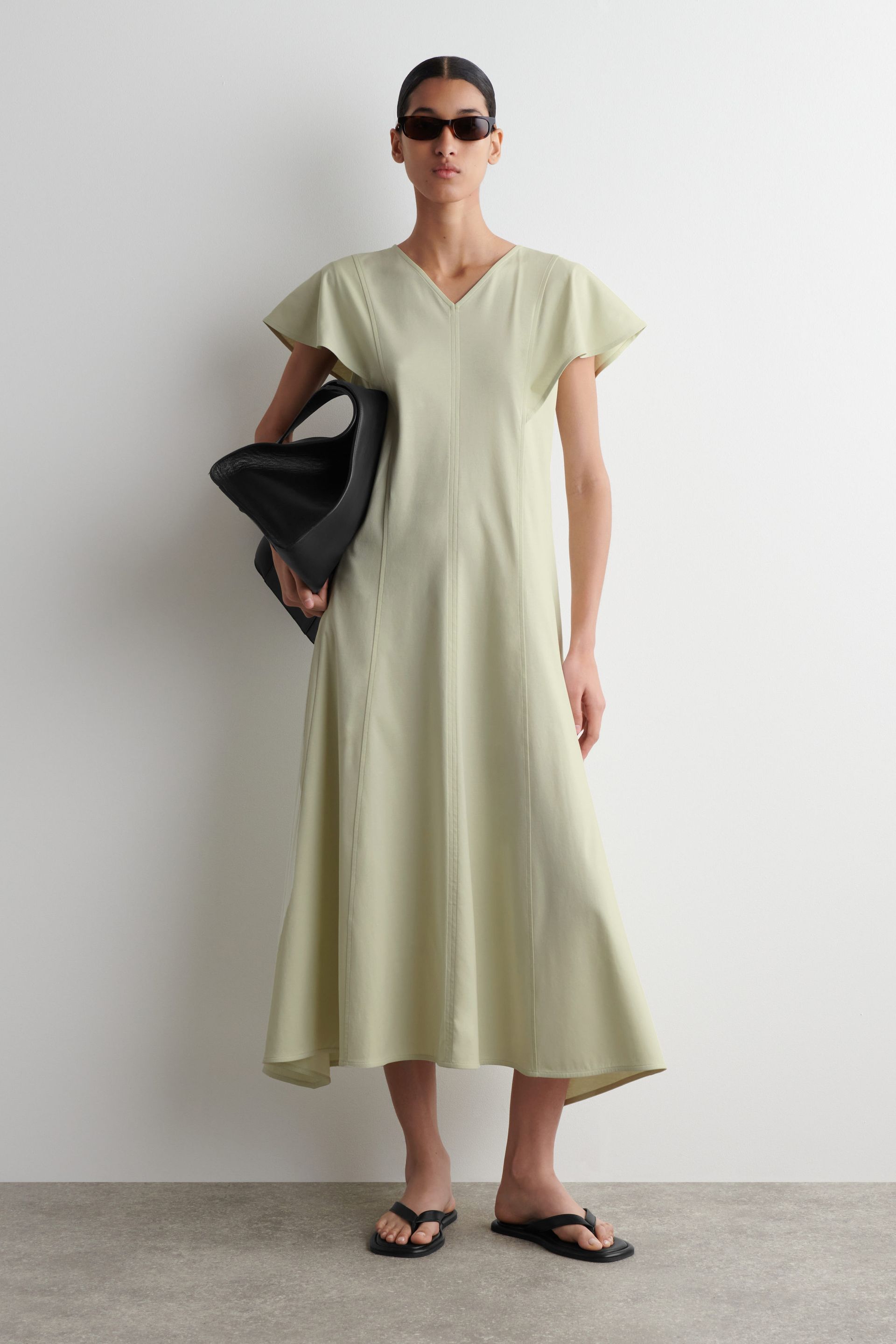 Petal-Sleeve Cotton Midi Dress