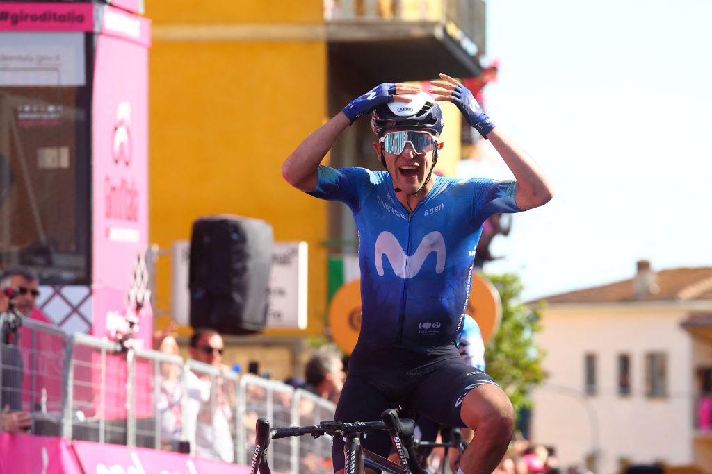 Pelayo Sánchez celebrates winning stage 6 of the 2024 Giro d&#039;Italia in Rapolano Terme