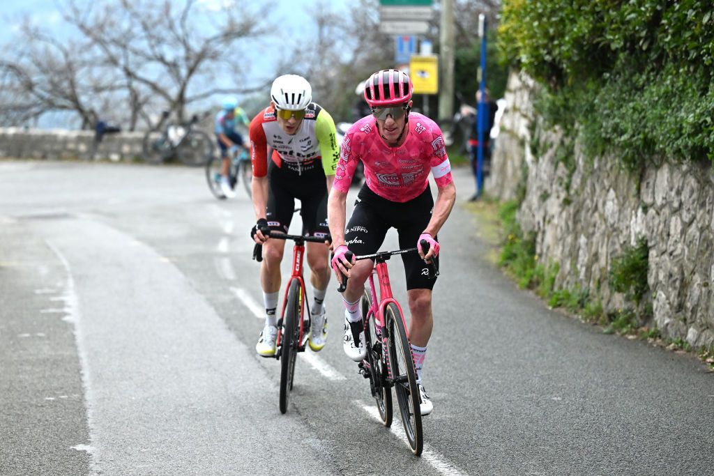 VENCE FRANCE FEBRUARY 23 LR Louis Barre of France and Team Intermarche Wanty and Harry Sweeny of Australia and Team EF Education EasyPost compete in the breakaway during the 57th Tour des Alpes Maritimes et du Var 2025 Stage 2 a 1318km stage from VillefranchesurMer to Vence 327m on February 23 2025 in Vence France Photo by Billy CeustersGetty Images