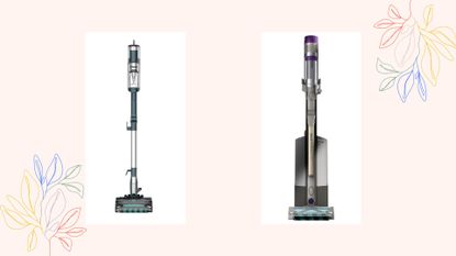 Two images of the Shark PowerDetect Clean &amp; Empty Cordless Vacuum on a woman&amp;home background