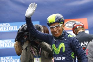Nairo Quintana (Movistar) salutes at the sign on in Rieti at Tirreno-Adriatico.