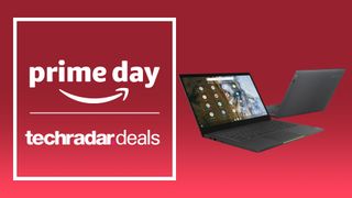 Chromebook laptops on a red background with a 'Prime Day TechRadar Deals' badge