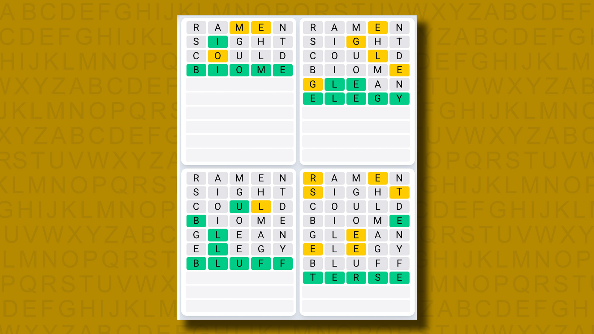 Quordle Daily Sequence answers for game 1306 on a yellow background