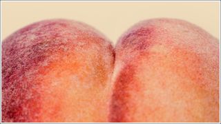 A detailed image of a freshly picked ripe peach. Photographed on a peach colored background.