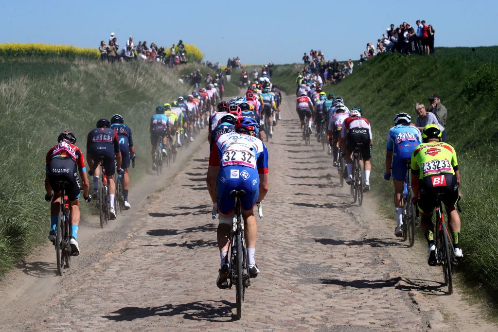 ROUBAIX FRANCE APRIL 17 Detailed view of the peloton competing during the 119th ParisRoubaix 2022 Mens Elite a 2572km one day race from Compigne to Roubaix ParisRoubaix WorldTour on April 17 2022 in Roubaix France Photo by Etienne Garnier PoolGetty Images