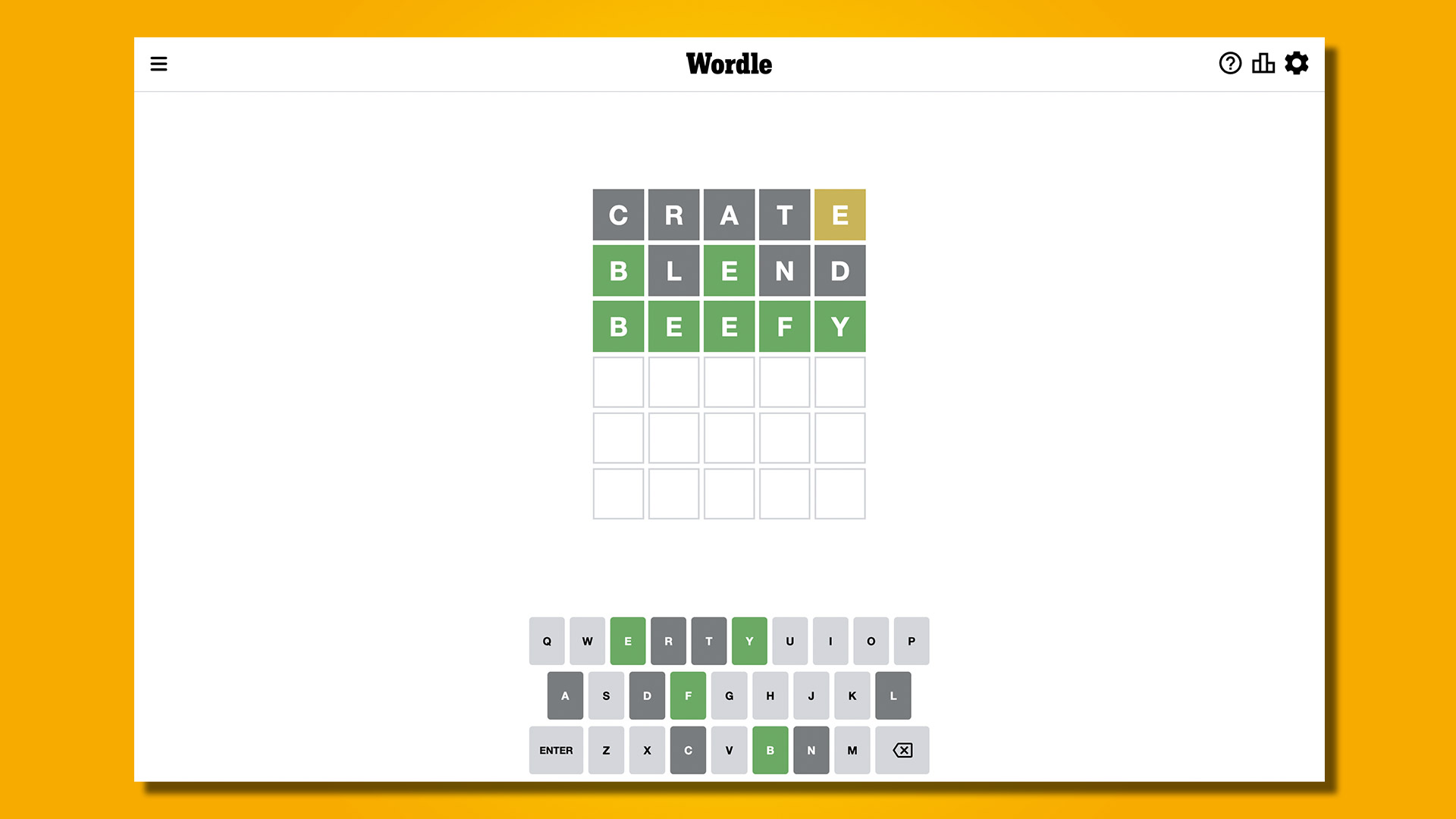 Respuesta de Wordle 586, 26 de enero de 2023, sobre un fondo amarillo