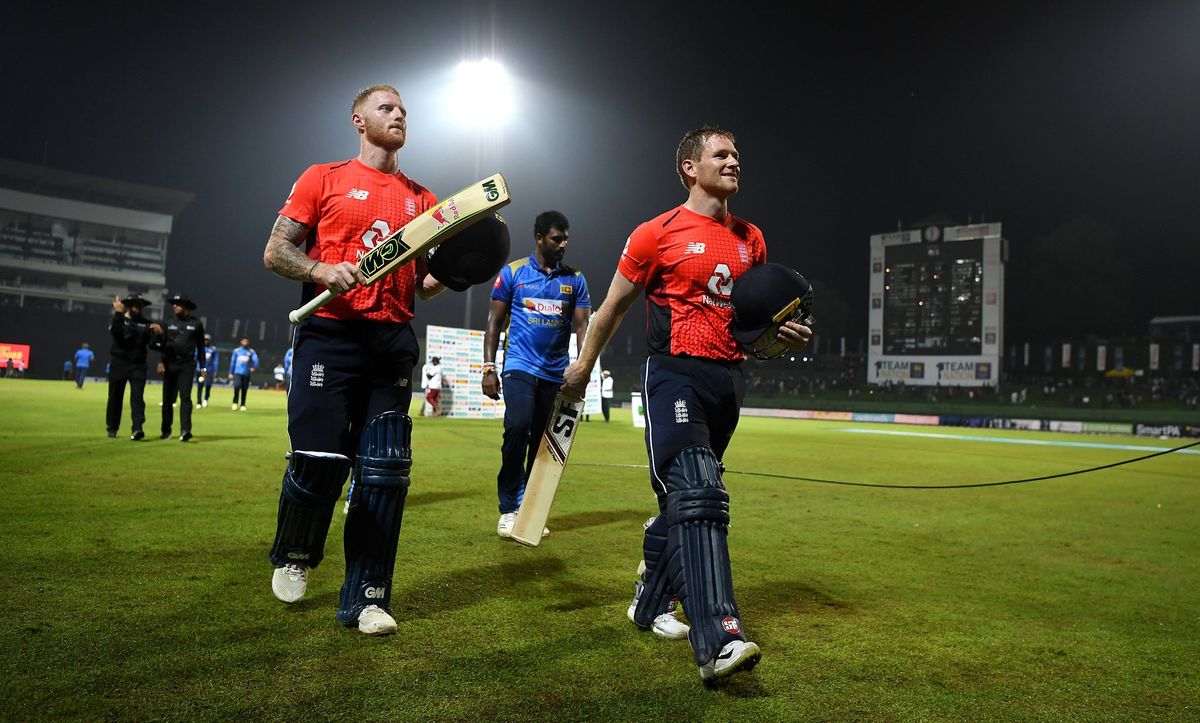 KANDY, SRI LANKA - OCTOBER 17: England captain Eoin Morgan and Ben Stokes leave the field after winning the 3rd One Day International match between Sri Lanka and England at Pallekele Cricket Stadium 