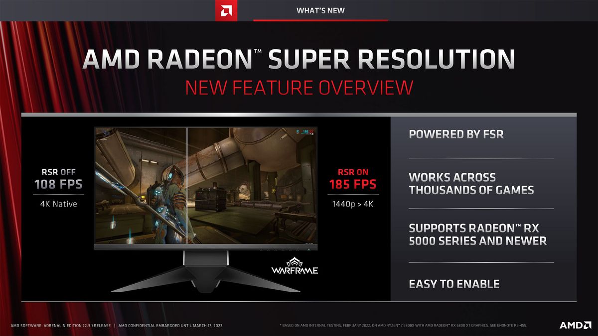 Slide deck for AMD Software Adrenalin Edition 22.3.1 with RSR and FSR 2.0