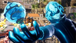 A player holds out a blue Mega Sphere as Pals work away in the background