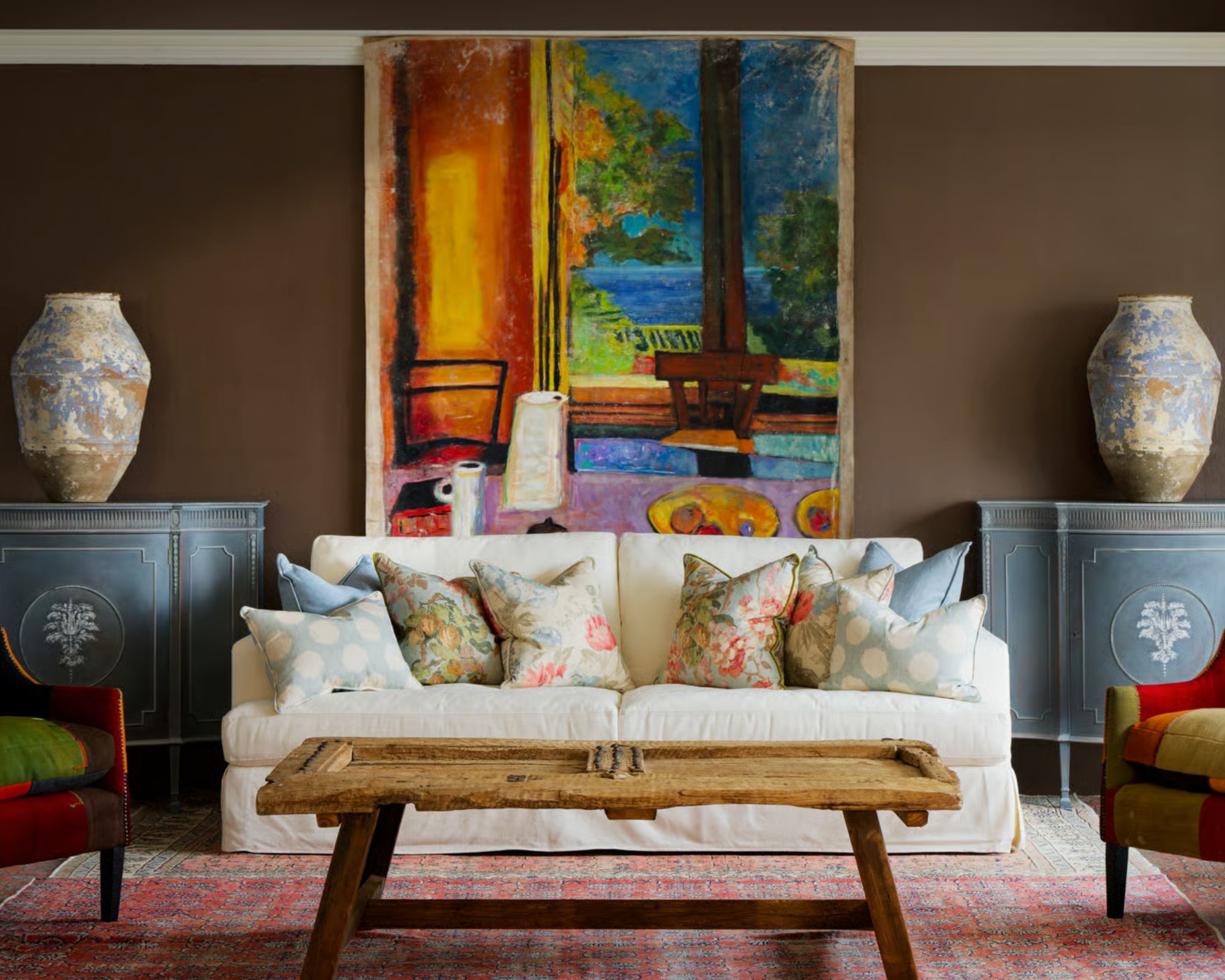 neutral sofa in a colourful sitting room