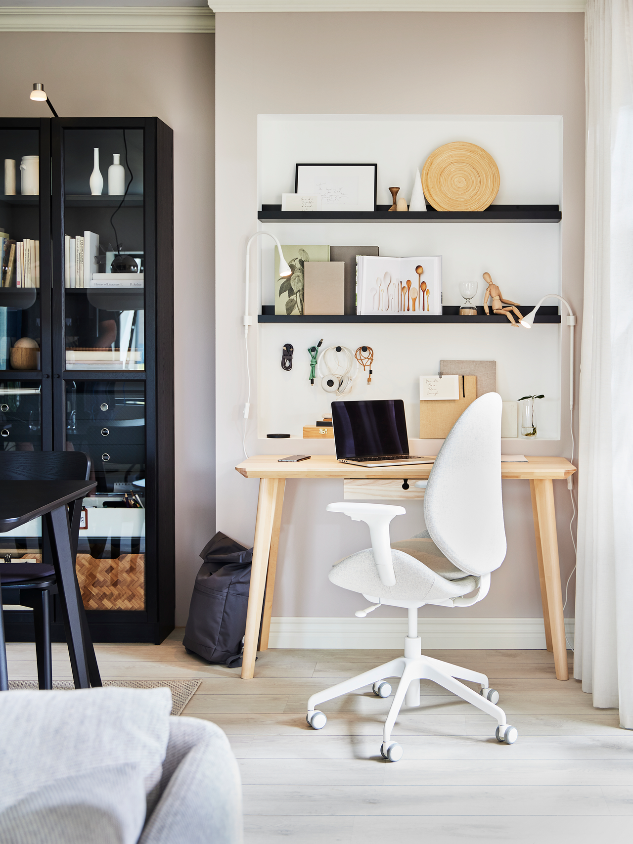 Desk with chair and floating shelves