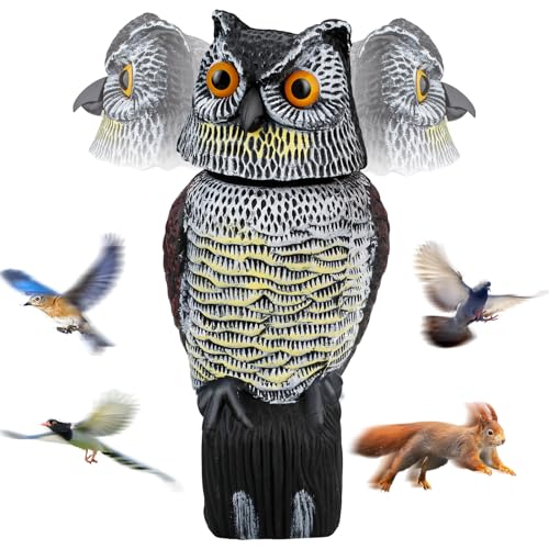 Pestvanish Owl Decoys to Scare Birds Squirrels Away, 360 Rotating Head Activated, Fake Owl Statues Repellent Pest Hawk Squirrel Cats Chickens Pigeon Bird Deterrents for Outside Garden Patios Backyard