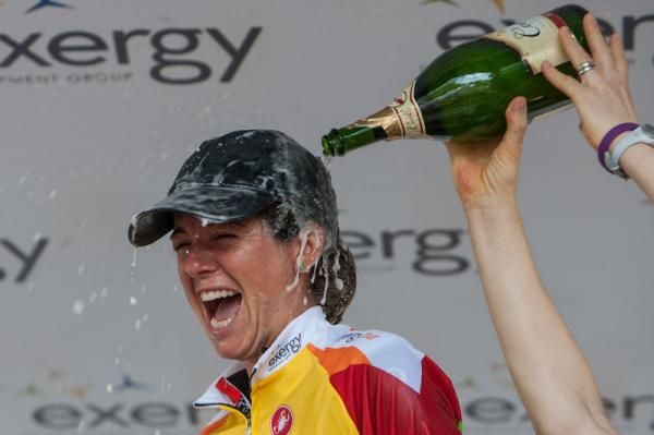 Evelyn Stevens (Specialized-Lululemon) got a good dousing of champagne on the podium.