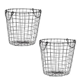 Two black metal wire baskets