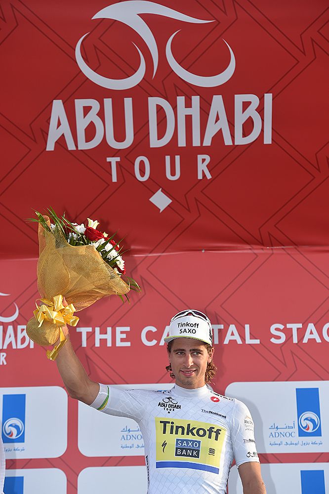 Peter Sagan (Tinkoff-Saxo) on the podium at the Abu Dhabi Tour