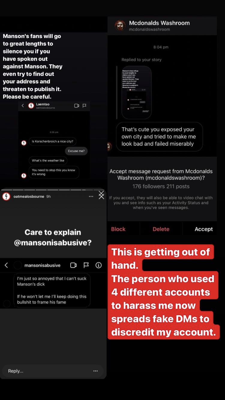 A screengrab of harassment sent to the Mansonisabusive Instagram page
