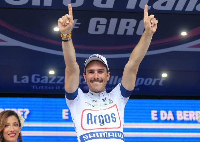 John Degenkolb (Team Argos-Shimano) on the podium after winning the first Giro d'Italia stage of his career