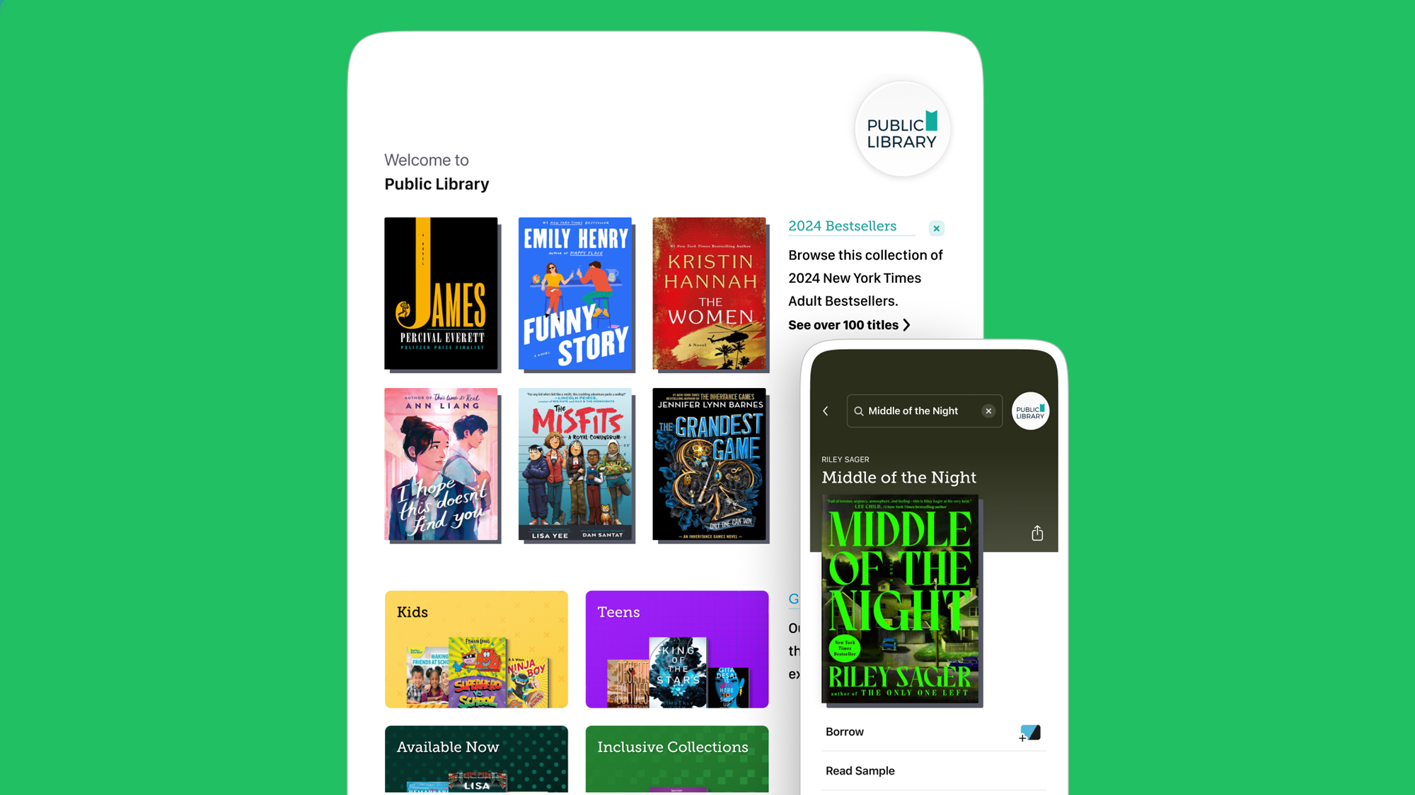 A tablet and phone on a green background showing the Libby app