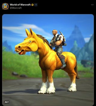 The awful horse photoshopped onto a horse mount in World of Warcraft.