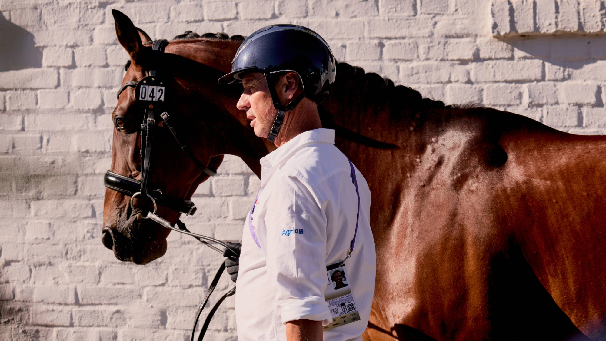 Carl Hester leads Fame as they wait for the first trot up at the 2026 World Championships in Aachen
