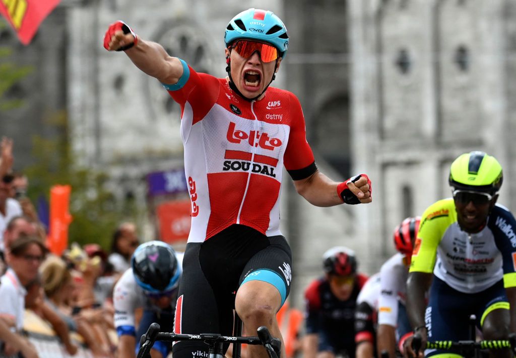 Belgiums Arnaud De Lie of Lotto Soudal crosses the finish line to win the third stage of the Tour De Wallonie cycling race from Vise to Rochefort 1943km on July 25 2022 Belgium OUT Photo by JOHN THYS BELGA AFP Belgium OUT Photo by JOHN THYSBELGAAFP via Getty Images