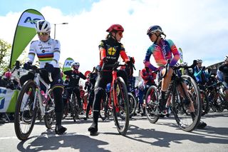 Lotte Kopecky of Belgium and Team SD Worx - Protime, Elisa Longo Borghini of Italy and Team Lidl - Trek and Katarzyna Niewiadoma of Poland and Team Canyon//SRAM Racing prior to the 8th Liege - Bastogne - Liege Femmes 2024