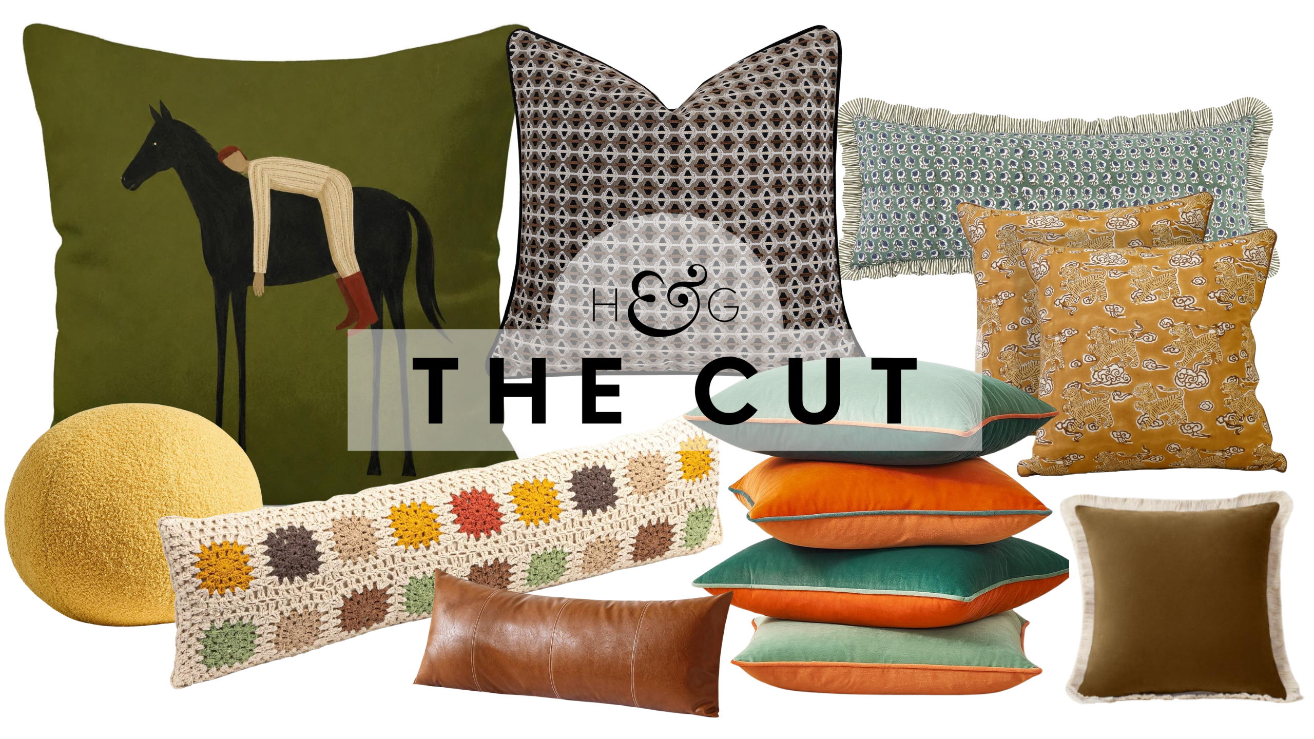 Amazon throw pillows, spanning an emblazoned horse-and-rider motif, a yellow boucle "ball," handwoven grid pattern, faux leather, jacquard, contrast piping, tiger block print, and fringe-borders.