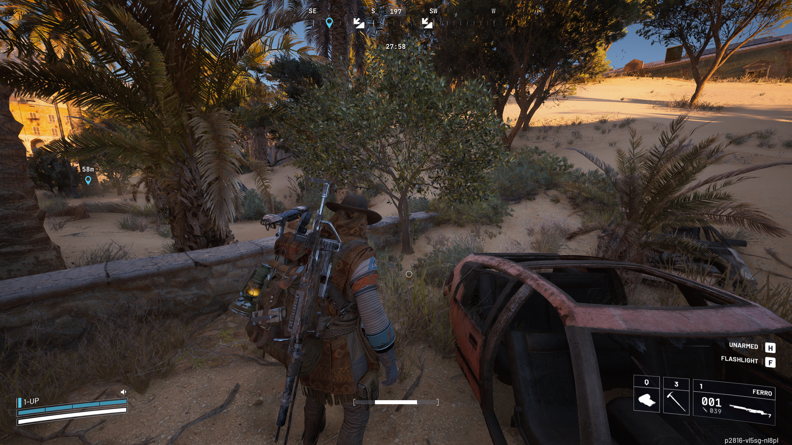 Arc Raiders lemons apricots locations: A player standing and looking at a fruit tree just ahead of them in a sandy garden.