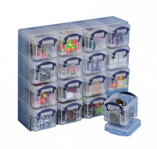 16 see-through storage boxes stacked with various small items in them and 1 open box with coins inside