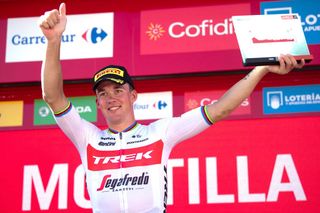 Team Treks Danish rider Mads Pedersen celebrates on the podium after finishing in first place during the 13th stage of the 2022 La Vuelta cycling tour of Spain a 1684 km race from Ronda to Montilla on September 2 2022 Photo by JORGE GUERRERO AFP Photo by JORGE GUERREROAFP via Getty Images