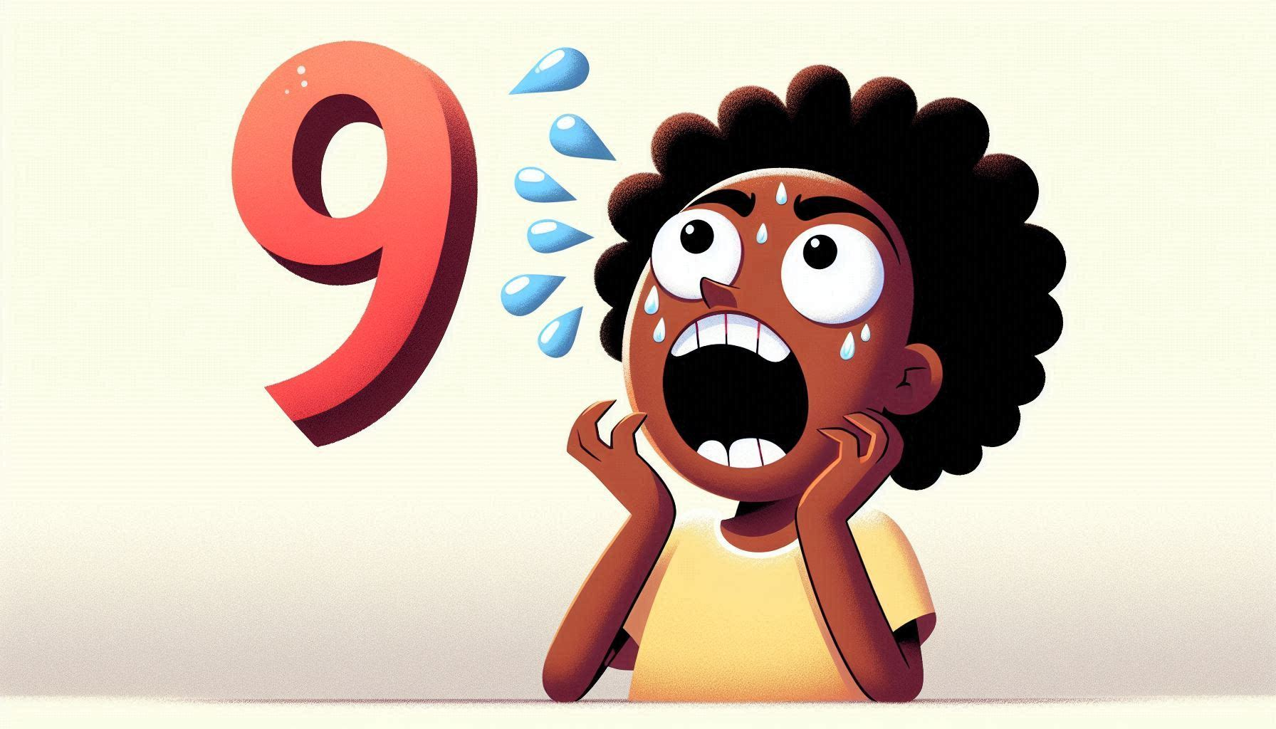 Cartoon illustration of a woman afraid of the number 9.