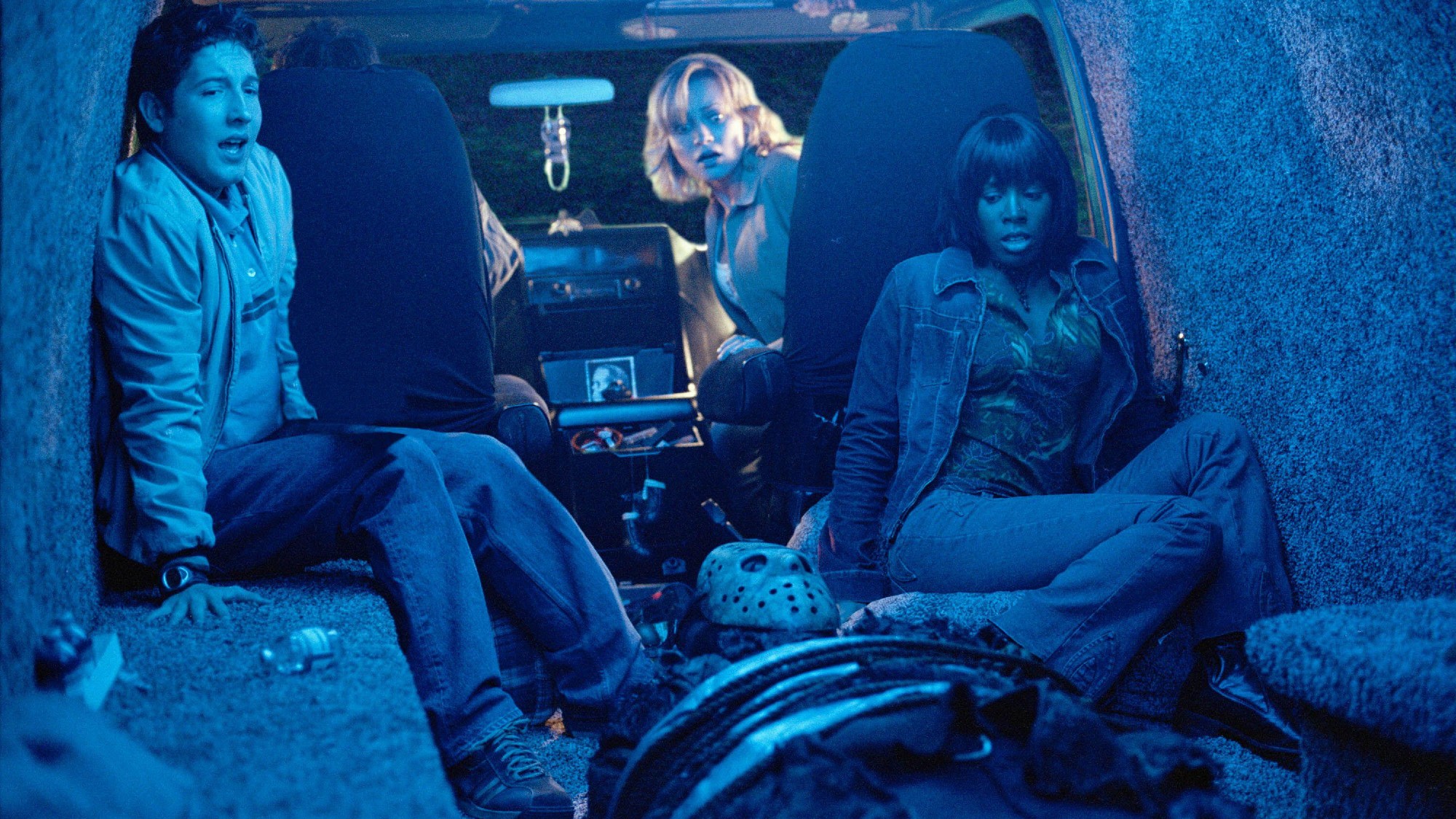 (From L to R) Chris Marquette as Charlie Linderman, Monica Keena as Lori Campbell, Ken Kirzinger as Jason Voorhees, and Kelly Rowland as Kia Waterson in Freddy vs. Jason